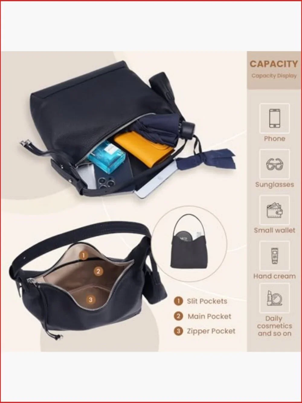 Genuine Leather Crossbody Bag - Slouchy Hobo Purse with Adjustable Strap